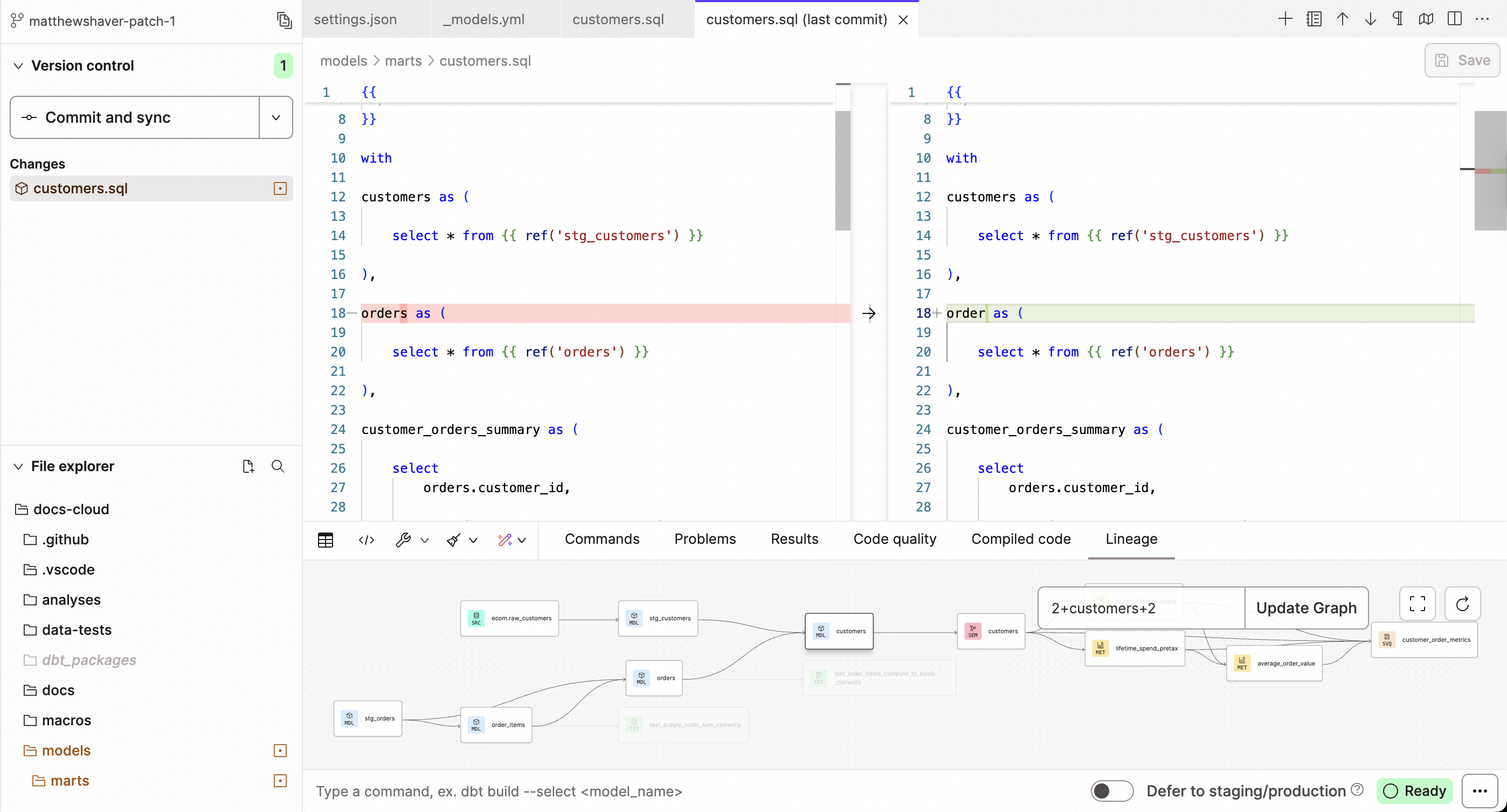 The Git Diff View displays the previous version on the left and the changes made on the right of the Editor