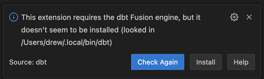 Follow the prompt to install the dbt Fusion engine